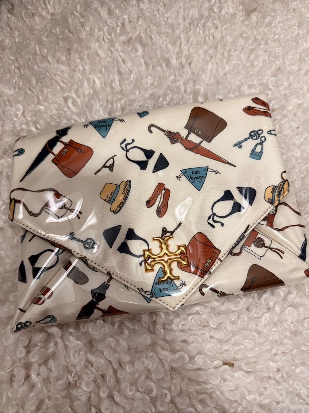 Tory Burch White Patent Envelope Clutch with Travel Motif